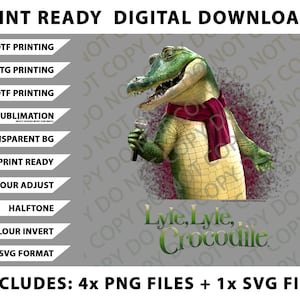 Op de afbeelding: Digitale download met een cartoon krokodil met een bordeauxrode sjaal en een microfoon. De afbeelding bevat de tekst "Lyle, Lyle, Crocodile" en opties voor printklare bestanden, waaronder DTF, DTG en sublimatie.