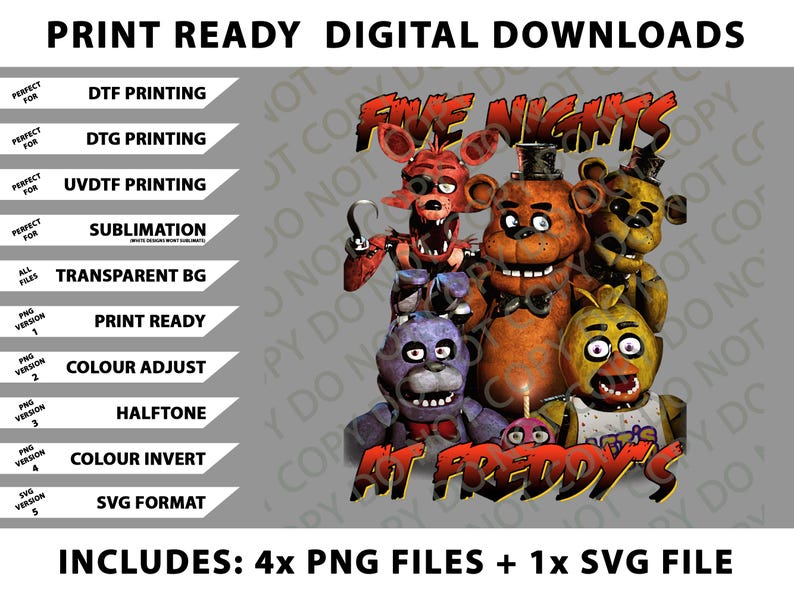 May include: Digital download graphic featuring characters from Five Nights at Freddy's. The image includes the text "Five Nights at Freddy's" and "At Freddy's". Additional text indicates the file includes 4 PNG files and 1 SVG file.