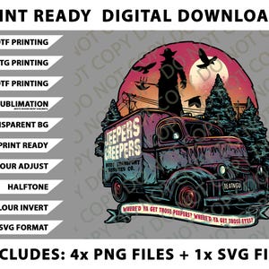 Könnte beinhalten: Digitaler Download-Grafik mit einem Oldtimer-Truck mit dem Text "Jeepers Creepers" und einer Silhouette vor einem Sonnenuntergang. Enthält 4 PNG-Dateien und 1 SVG-Datei. Druckfertig für DTF, DTG, UVDTF und Sublimation.