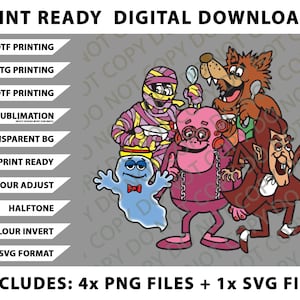 Könnte beinhalten: Digitaler Download-Grafik mit Cartoon-Monsterfiguren, darunter eine Mumie, ein Wolf und ein Vampir. Das Bild enthält Text, der darauf hinweist, dass es druckfertig ist und in verschiedenen Formaten wie PNG und SVG verfügbar ist.