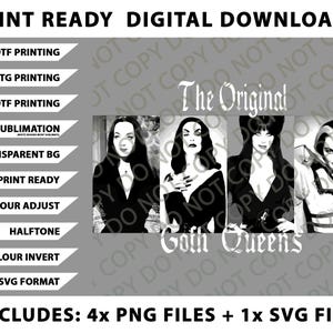 Pode incluir: Download digital com quatro retratos a preto e branco de figuras ic&oacute;nicas, intitulado "The Original Goth Queens". A imagem inclui texto que indica ficheiros prontos para impress&atilde;o em v&aacute;rios formatos, incluindo PNG e SVG.