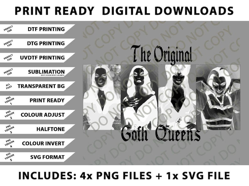 Pode incluir: Gr&aacute;fico de download digital com quatro imagens em tons de cinza de mulheres com maquiagem e roupas g&oacute;ticas. O texto inclui "The Original Goth Queens" e op&ccedil;&otilde;es para arquivos prontos para impress&atilde;o, incluindo PNG e SVG.