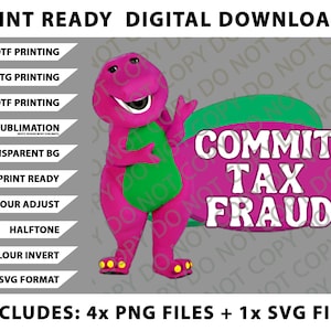 Op de afbeelding: Digitale download-afbeelding met een paarse dinosaurus met een groene buik en de tekst "COMMIT TAX FRAUD" op een roze ovaal. Inclusief PNG- en SVG-bestanden voor verschillende printmethoden.