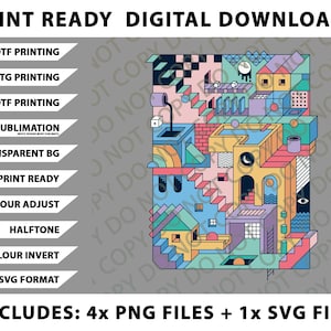 May include: Digital download graphic with a colorful, geometric architectural design. The image includes text indicating it is print-ready and suitable for various printing methods. Includes 4 PNG files and 1 SVG file.