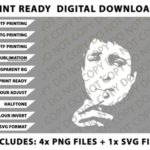 May include: Digital download graphic with a white face illustration on a grey background. Includes options for DTF, DTG, and UVDTF printing, plus a transparent background and SVG format. The image includes 4 PNG files and 1 SVG file.