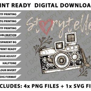 May include: Digital download graphic featuring a detailed camera illustration with floral accents, the word "Storyteller", and a pink heart. Includes multiple PNG and SVG file formats for various printing methods.