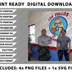 Peut inclure: Fichiers de conception graphique à télécharger numériquement. L'image montre deux hommes devant une peinture murale avec le texte "Los Pollos Hermanos". L'image comprend également du texte tel que "Print Ready" et "SVG Format".