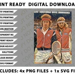 May include: Digital download featuring a vintage illustration of two tennis players in red and white tracksuits, one holding a racket. The image includes text: "PRINT READY DIGITAL DOWNLOADS" and "INCLUDES: 4x PNG FILES + 1x SVG FILE".