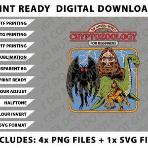Op de afbeelding: Digitale download met cryptiden zoals Bigfoot, een Mothman en een zeemonster, met de tekst "Cryptozoology for Beginners". Inclusief PNG- en SVG-bestanden.