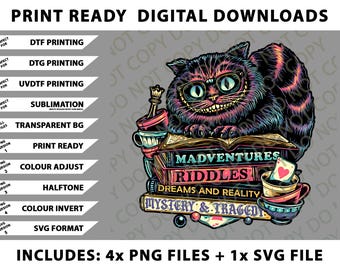 Bookish Cat, Reading Cheshire Cat, Alice Wonderland Png Bundle, SVG Files, Digital Downloads