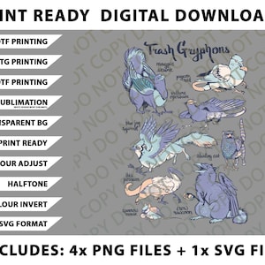 May include: Digital download graphic featuring whimsical illustrations of hybrid creatures labeled "Trash Gryphons." The artwork includes various animal combinations in shades of blue, purple, and beige. Text at the top reads "Print Ready Digital Downloads."