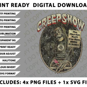 Peut inclure: Graphique à télécharger numériquement sur le thème du film d'horreur vintage "Creepshow". Comprend des fichiers PNG et SVG pour l'impression DTF, sublimation, etc. Fond transparent et options de couleur disponibles.
