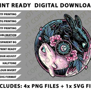 May include: Digital download featuring a circular design with a black dragon and a pink creature, surrounded by flowers and a sun-moon emblem. Includes PNG and SVG files for DTF, DTG, UVDTF printing, and sublimation.