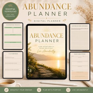 May include: A digital abundance planner displayed on a tablet screen featuring a sunset landscape, accompanied by four separate page templates titled Manifesting Wealth, Letter to the Universe, 3-6-9 Method, and Daily Gratitude with a white stylus.
