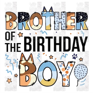Elementos de clipart de perro azul, hermano del cumpleañero, conjunto de letras, fiesta de cumpleaños de perro azul sublimada, PNG, camiseta a juego familiar
