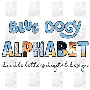 Paquete de fuentes PNG con alfabeto mixto de perro azul, conjunto de letras con garabatos de pata de perro, fuente PNG digital con patrón mixto