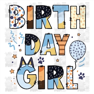 Anniversaire fille chien bleu inspiré des éléments Clipart, jeu de lettres, fête de sublimation chien bleu, PNG, chemise assortie pour la famille