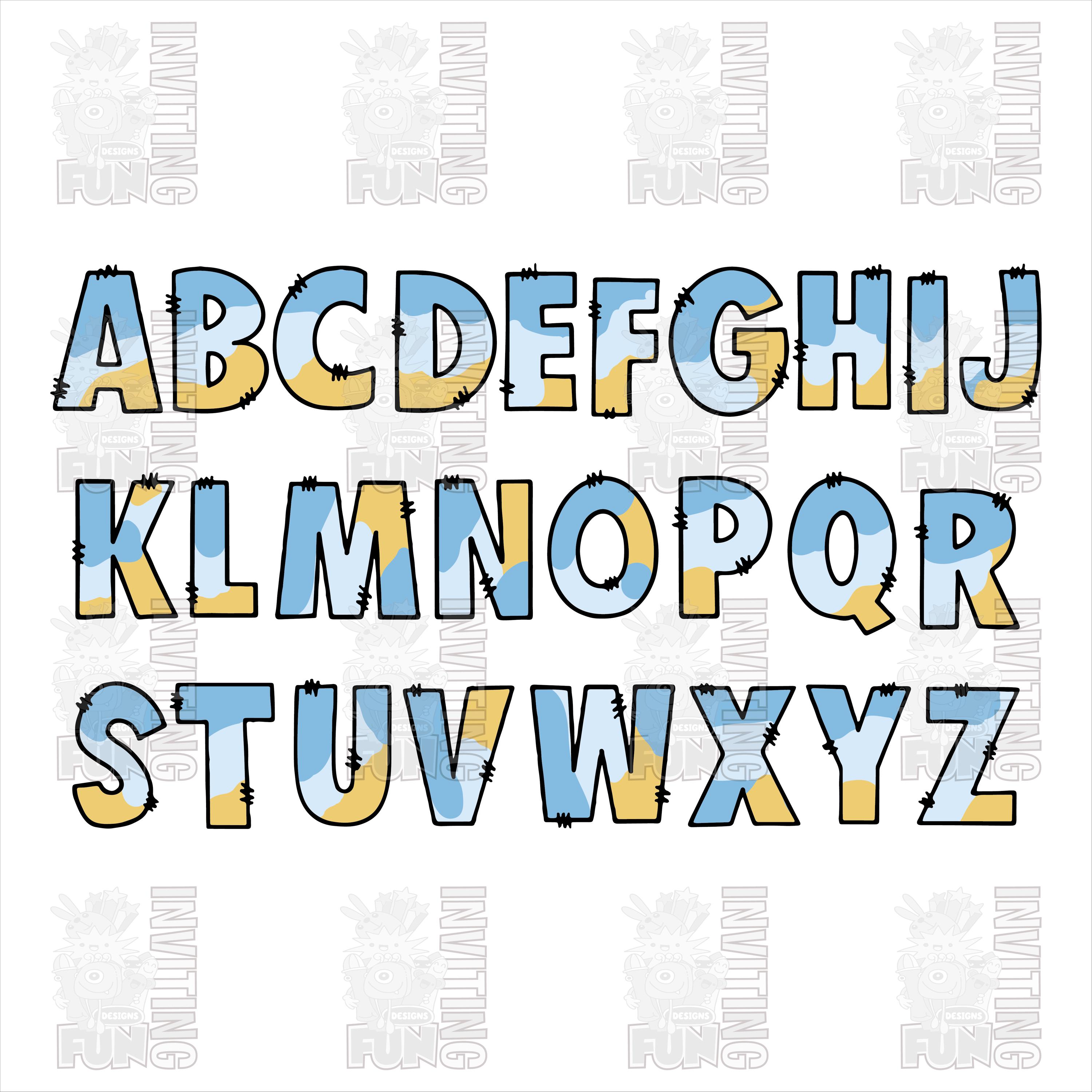 Blue Dog Alphabet PNG Font Bundle, Dog Paw Doodle Letters Set