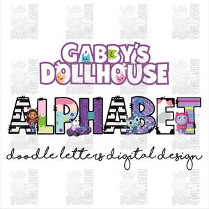 Bundle de polices Gabby Dollhouse Alphabet PNG, Gabby Doodle lettres ensemble, police PNG numérique motif mixte