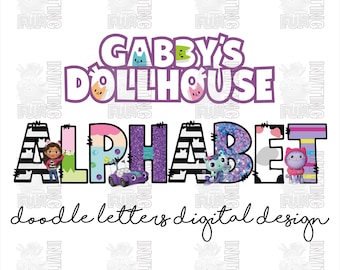 Gabby&#39;s Dollhouse Alphabet PNG Font Bundle, Gabby Doodle Letters Set, Mixed Pattern Digital PNG Font