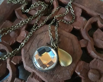 Long locket necklace, vintage locket, prism necklace, teardrop locket, faceted pendant, vintage style, reversible pendant, round pendant