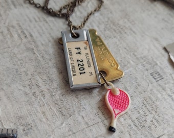 Assemblage charm necklace, vintage style, charm necklace, License plate charm, cracker jack charm, long necklace, colorful necklace