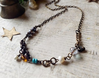 Vintage style modern boho necklace, eclectic necklace, assemblage necklace, asymmetrical necklace, dark necklace, mori necklace, dark boho