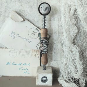Assemblage Art Doll: Mixed Media Moon Face, Vintage Kitchenware