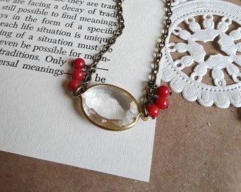 SALE Vintage style romantic necklace, faceted necklace, red and gold necklace, dainty necklace, beaded necklace, boho necklace