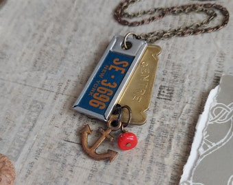 Assemblage charm necklace, vintage style, charm necklace, License plate charm, anchor charm, long necklace, colorful necklace