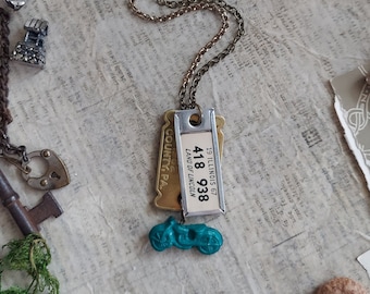 Assemblage charm necklace, vintage style, charm necklace, License plate charm, cracker jack charm, long necklace, colorful necklace, teal
