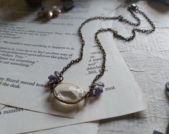 Amethyst & Acrylic Vintage Style Necklace - Antiqued Brass Chain