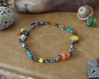 Dainty bracelet, bright bracelet, beaded bracelet, boho bracelet, modern bohemian, vintage style, yellow, orange, teal, summer bracelet