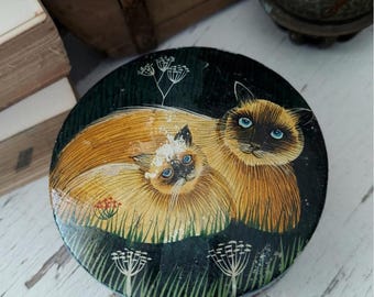 Vintage Cat Trinket Box Kashmiri Hand Painted Box