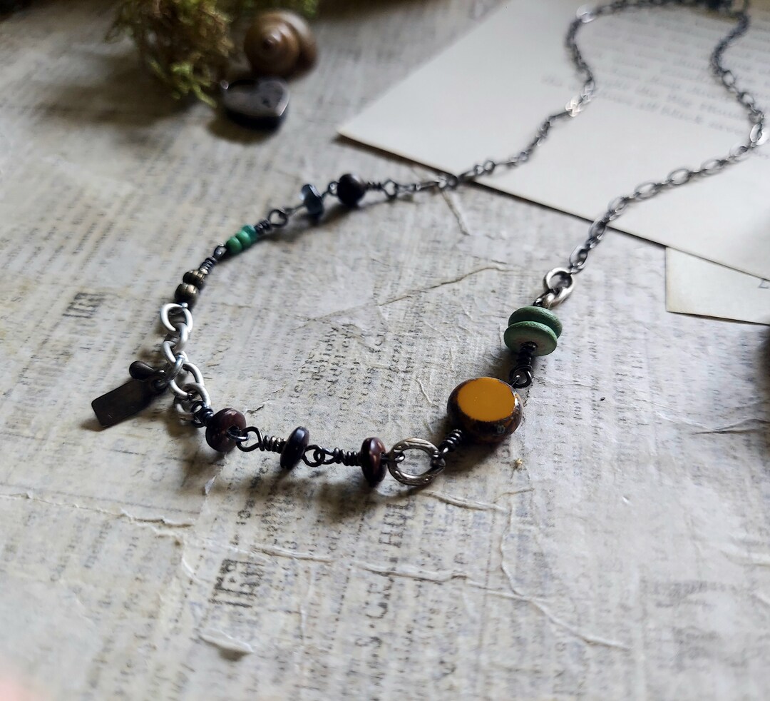 Repurposed Earth Tone Assemblage Boho Necklace, Colorful Boho Necklace ...