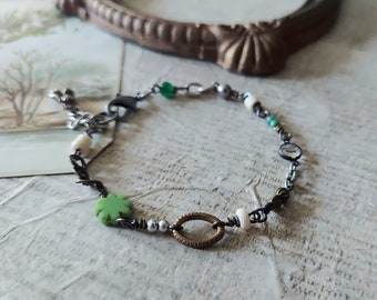 Dainty Green Assemblage Bracelet, Green Earthy Boho Bracelet, Vintage Style, Layering Bracelet, Found Object Bracelet