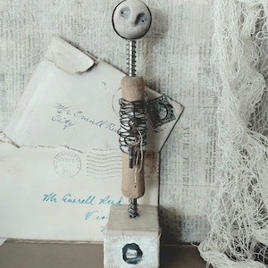 Assemblage Art Doll: Mixed Media Moon Face, Wire Sculpture