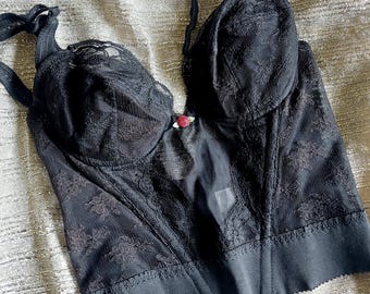 Vintage Hi-A By Marja Beauty Brassiere Bustier Corset 32B Black Lace Back Hook And Eye