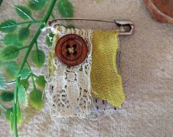 Boho brooch, eclectic brooch, unique pin, textile art, wearable art, vintage style, prayer flag brooch