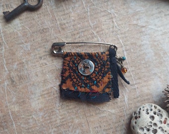 Orange and black textile art brooch, slow stitch brooch, vintage button brooch, assemblage brooch