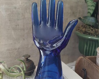 Vintage Cobalt Blue Glass Hand Jewelry Display Ring Holder