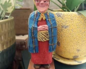 Vintage Folk Art Hand Carved Wood Figure Old Woman Painted Carving Baba Yaga