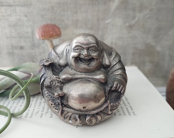 Vintage Tibetan Silver Laughing Buddha Statue – Joyful Sitting Buddha Figurine