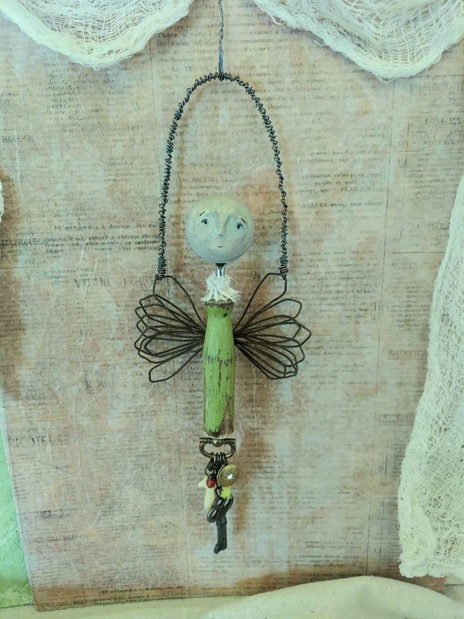 Assemblage art doll wire art doll green doll paper clay | Etsy