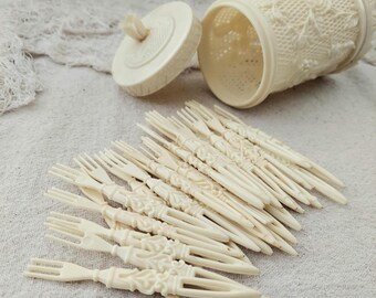 Vintage Decorative Celluloid Cocktail Forks And Container Carved Floral Design