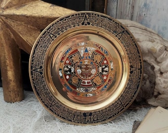 Vintage Brass Enamel Aztec Calendar Plate Wall Hanging