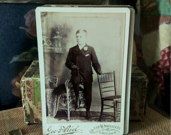Vintage 1800s Cabinet Card Antique Photo Young Boy Standing With Chair George F. Riel