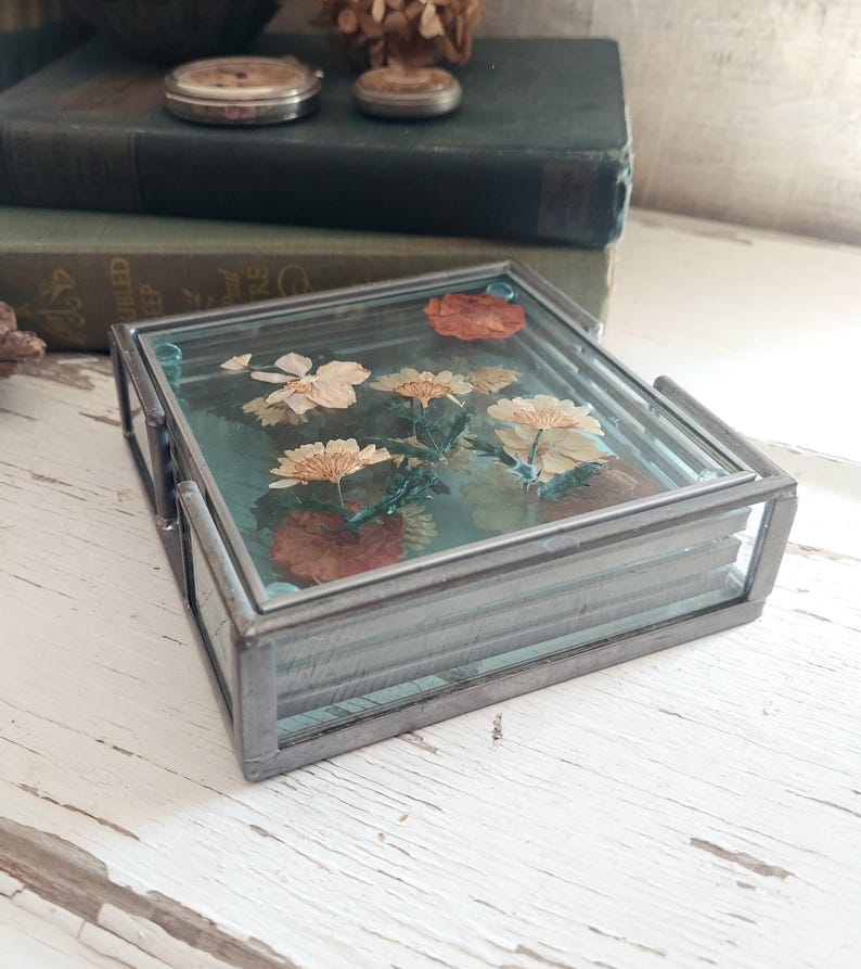 Stacking Coasters Vintage Pressed Dried Flower Coasters Set of 4 Glass Square With Holder ...
