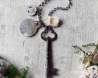 Vintage Long Skeleton Key Assemblage Necklace,  Charm Necklace, Vintage Style