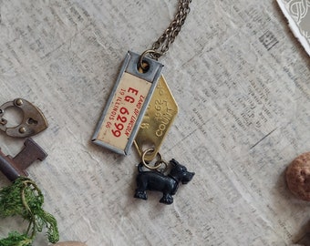 Assemblage charm necklace, vintage style, charm necklace, License plate charm, cracker jack charm, long necklace, colorful necklace, scotty
